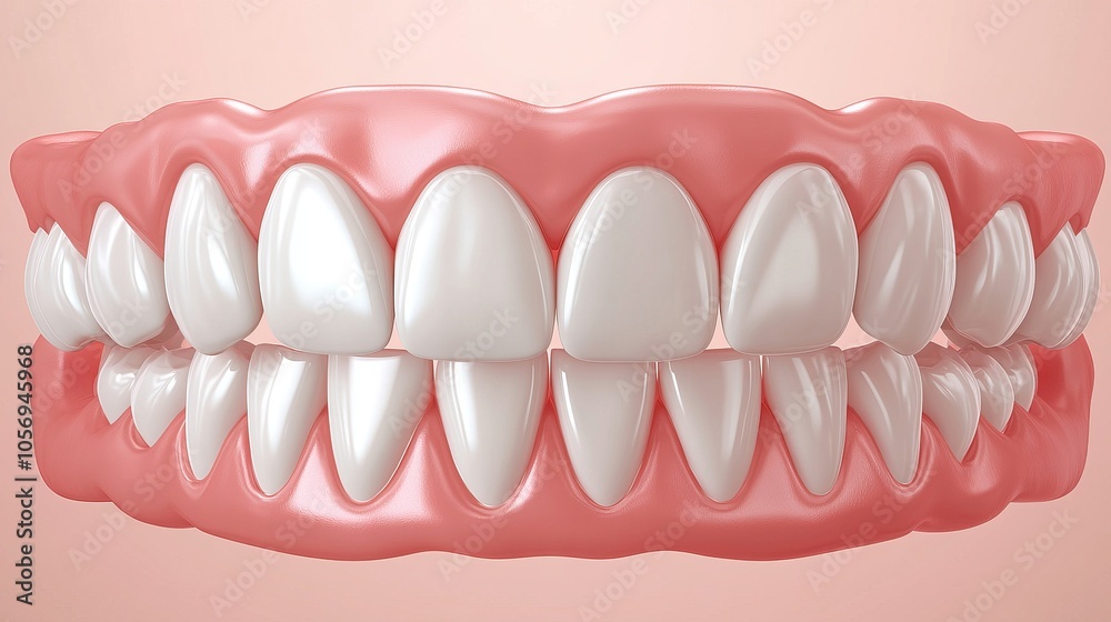 Obraz premium This image reveals a detailed 3D rendering of a complete set of human teeth with gums visible, perfect for educational content, product design, and dental advertising.