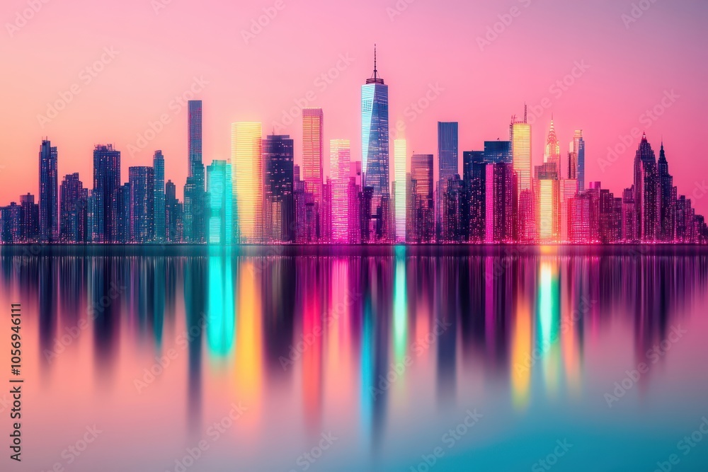 Fototapeta premium Holographic neon skyline shimmering in calm waters, creating a vibrant urban nightscape reflection.