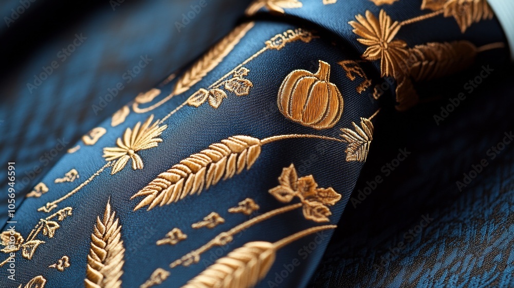 Blue Silk Tie with Golden Floral and Pumpkin Embroidered Design Blue Silk Tie with Golden Floral and Pumpkin Embroidered Design