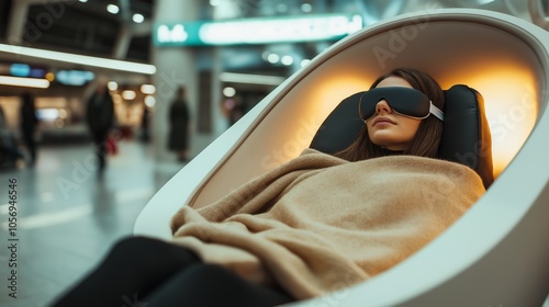 woman relaxing in an oval-shaped sleeping pod with black and beige colors, wearing an eye mask and warm clothing, promoting the concept of relaxation and comfort during airport journeys in a modern  photo