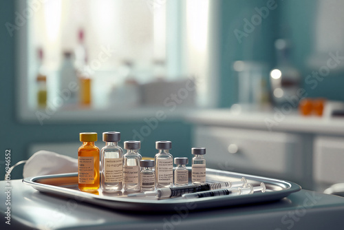Wallpaper Mural Selection of small medicine vials, syringes, and single-dose injections on a sterile tray in a hospital room. Torontodigital.ca