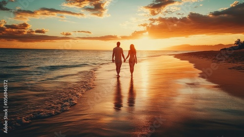 Couple Walking Hand in Hand on a Beach at Sunset