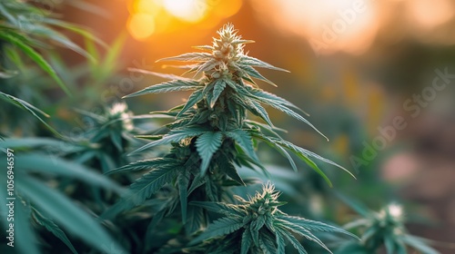 This image showcases a vibrant cannabis plant in full bloom, with lush green leaves and budding flowers, captured against the warm glow of a setting sun. photo