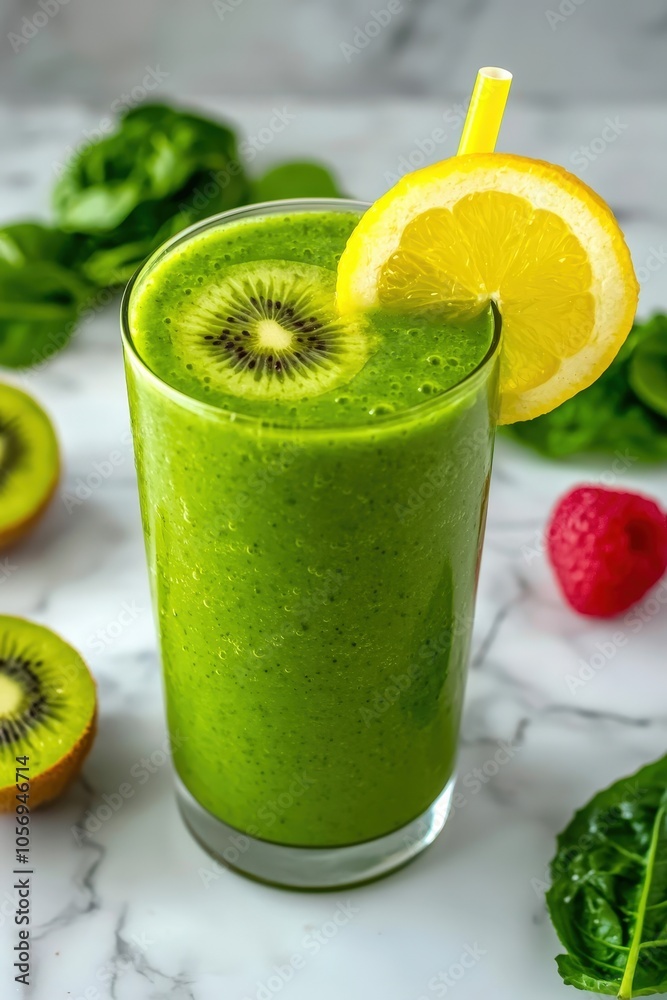 A glass of green juice with a slice of lemon on top