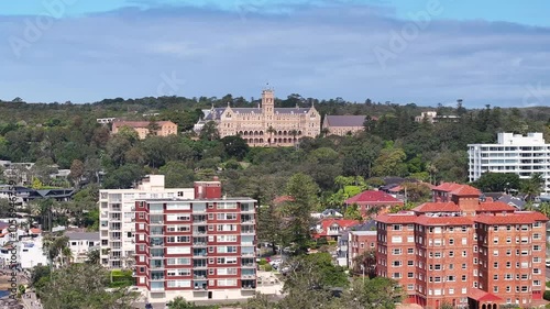 International College of Management And Seafront Suburbs Of Manly In New South Wales, Australia. Aerial Pullback Shot photo