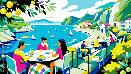 Scenic Coastal Dining Experience with Friends Overlooking the Sea