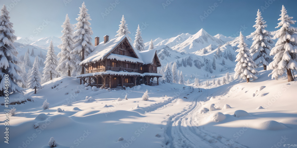 Fototapeta premium Cozy Winter Cabin Nestled in a Pristine Snowy Landscape2