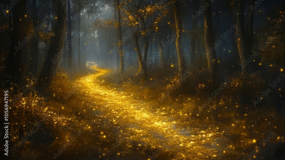 Fototapeta premium A Golden Path Through a Dark and Enchanted Forest