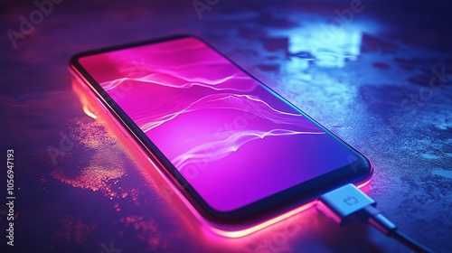 A state-of-the-art smartphone resting on a surface emanating neon lights and bold colors, portraying advanced technology fused with modern design aesthetics. photo