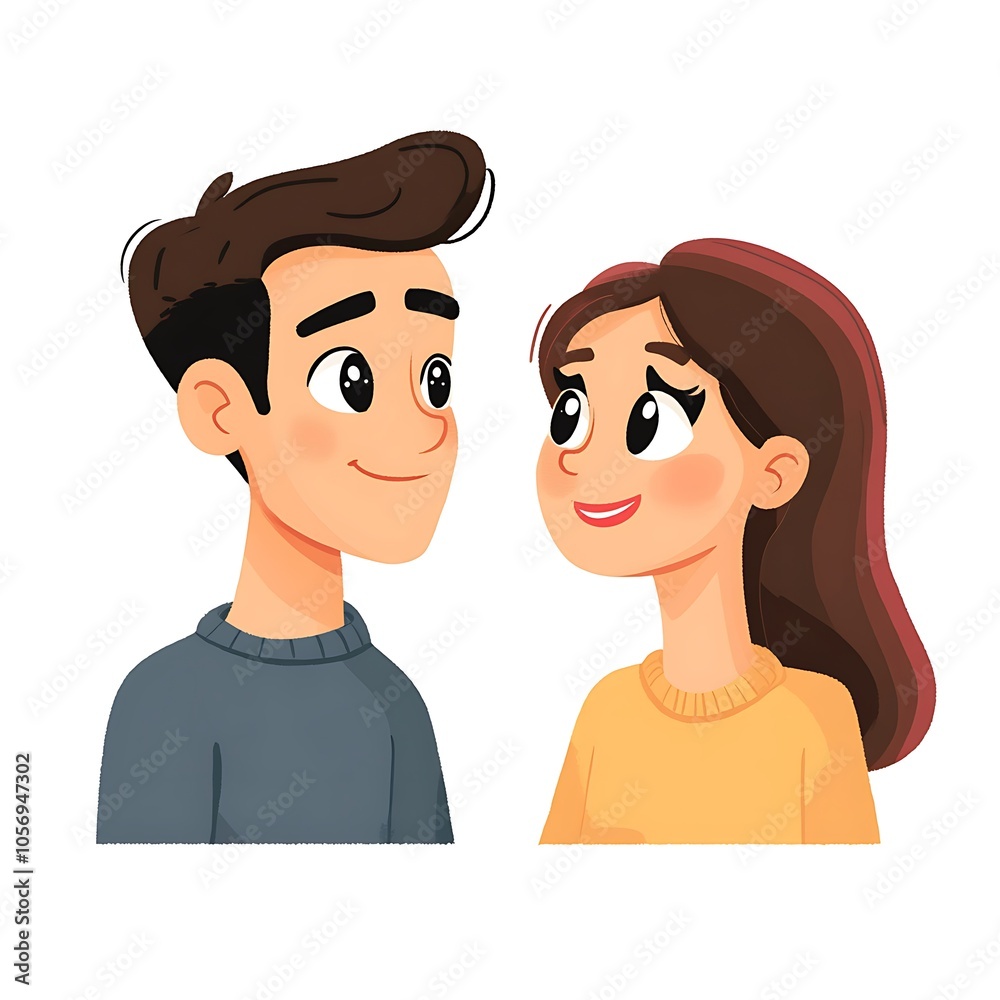 Cartoon couple looking at each other with love in their eyes on a white background.