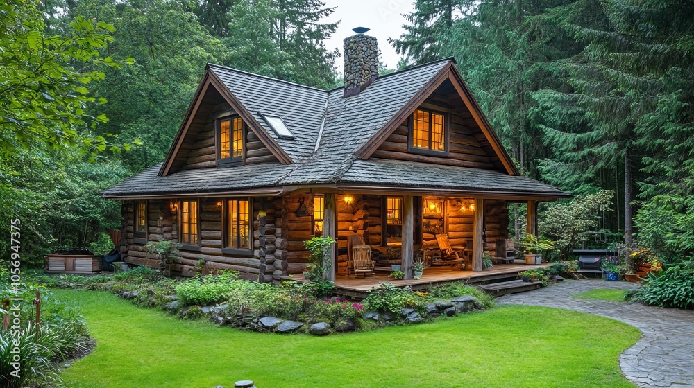 A rustic log cabin with a stone chimney and illuminated windows, nestled in a peaceful, lush green forested area, exuding tranquility and charm. A rustic log cabin with a stone chimney and illuminated windows, nestled in a peaceful, lush green forested area, exuding tranquility and charm.