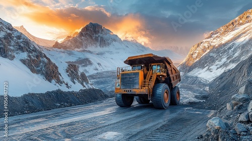 A large mining truck navigates a snowy mountainous landscape.