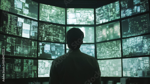 A cybersecurity expert monitoring a wall of screens showing potential threats and data breaches, actively working to protect systems from attacks,