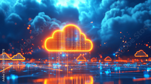 A data center filled with glowing servers, representing the infrastructure behind cloud computing, with connections visualized as digital networks extending into the cloud,