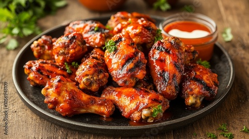 Close-up of a Plate of Glazed and Grilled Chicken Wings with Sauce