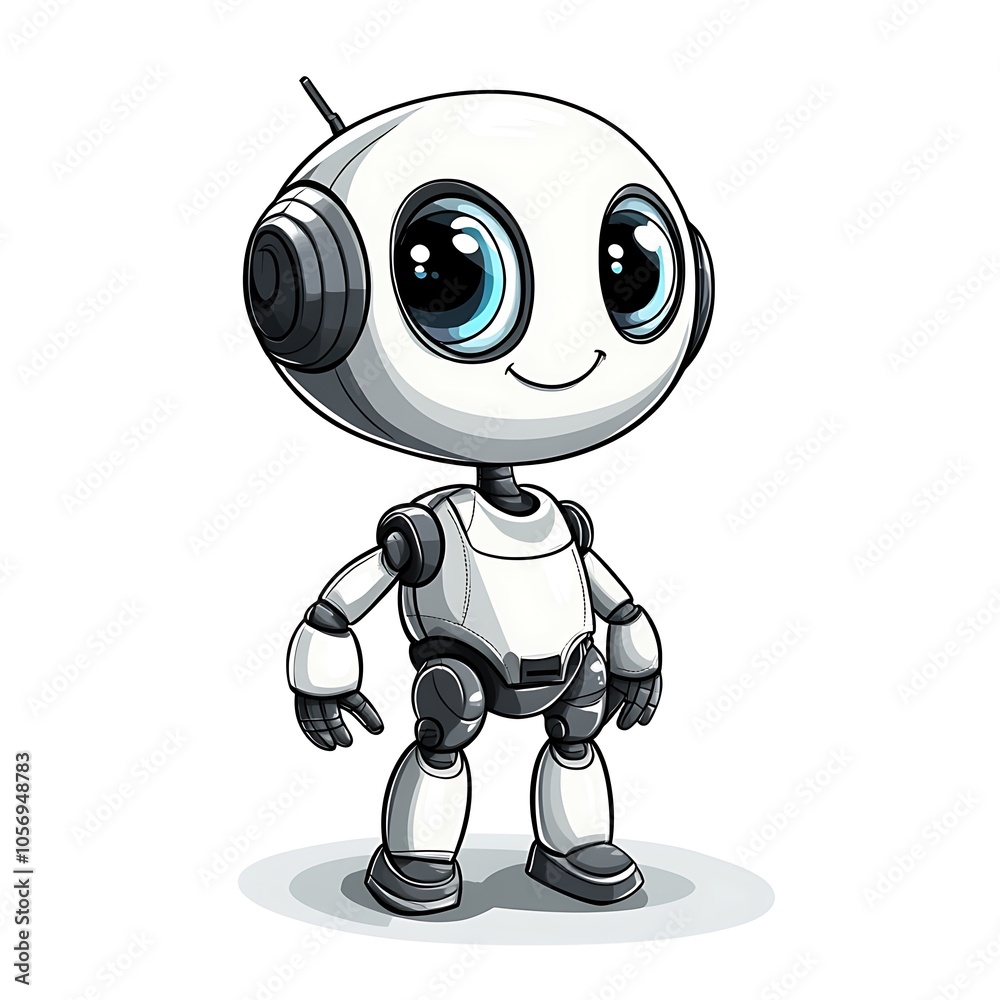 A cheerful cartoon robot with big eyes and a friendly smile on a white background.