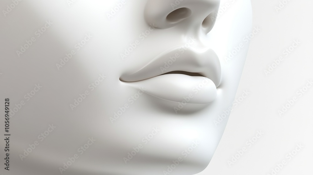 Detail of a smooth, white mannequin face highlighting the lips and nose, perfect for fashion design and cosmetic showcases. Detail of a smooth, white mannequin face highlighting the lips and nose, perfect for fashion design and cosmetic showcases.