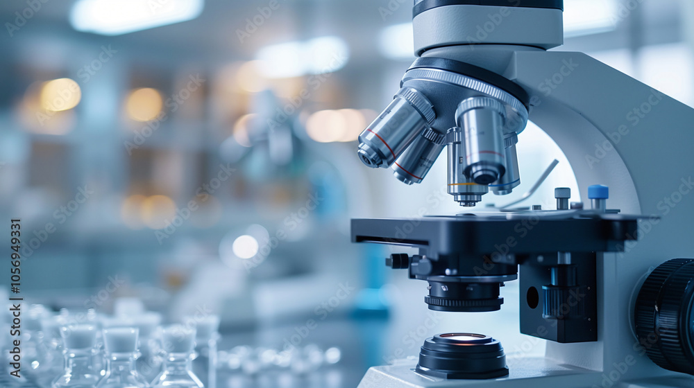Modern microscope standing on a table in a laboratory, conducting important medical research Modern microscope standing on a table in a laboratory, conducting important medical research