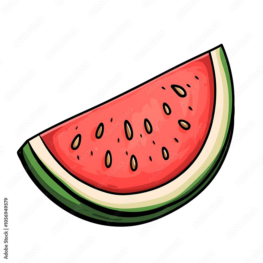 A cartoon watermelon slice symbolizing summer or refreshment on a white background. A cartoon watermelon slice symbolizing summer or refreshment on a white background.