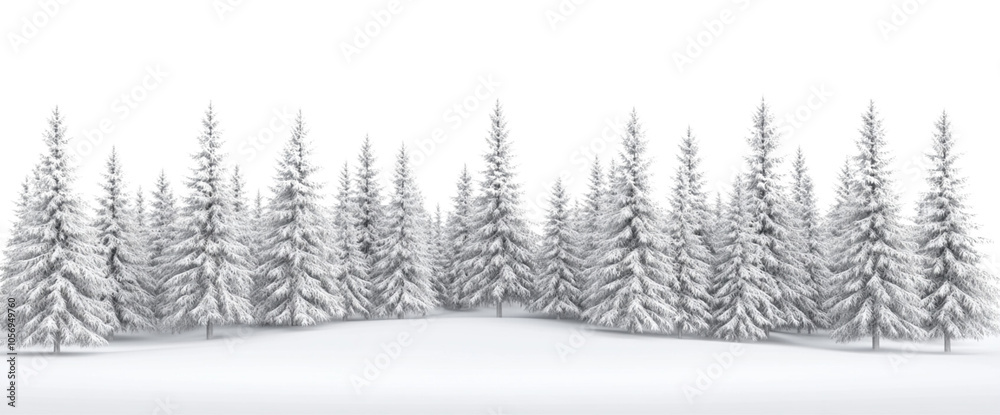 Fototapeta premium Winter landscape with snow-covered fir trees in the forest on a white background