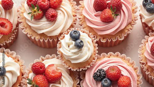 Appetizing vanilla cupcakes with cream and strawberries, top view