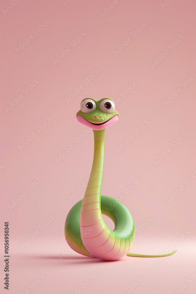 Fototapeta premium Illustration, pink and green snake, with a contented expression. The background of the illustration on the ID card is pink, with a semi-lateral composition. It's a fu picture in the year of the snake.