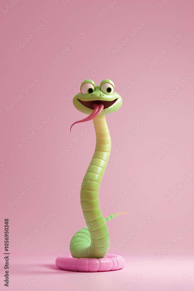 Illustration, pink and green snake, with a contented expression. The background of the illustration on the ID card is pink, with a semi-lateral composition. It's a fu picture in the year of the snake.