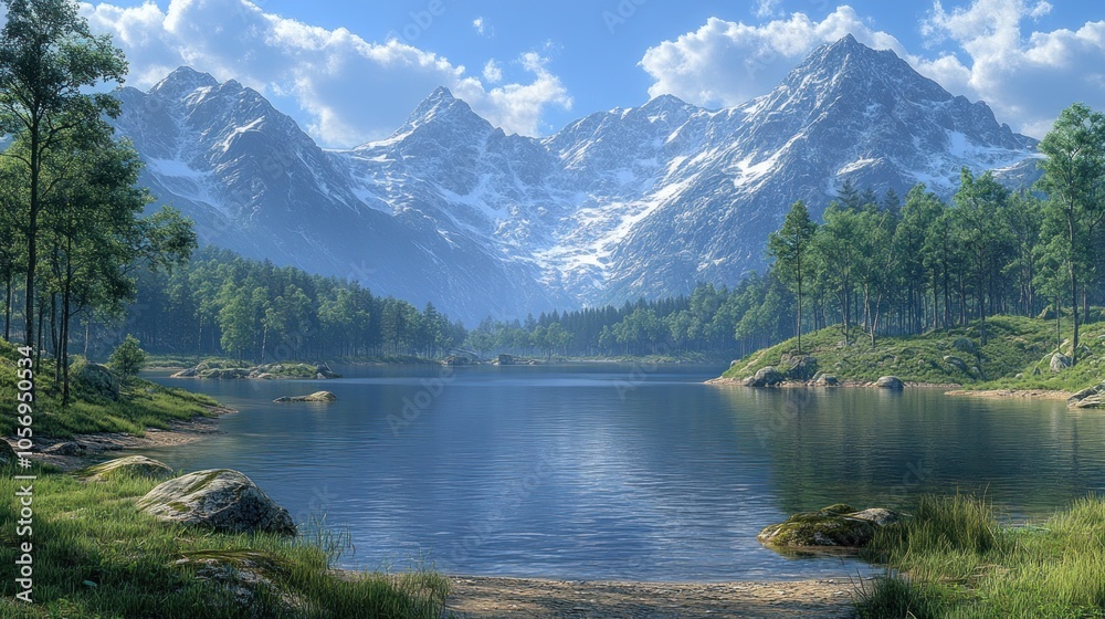 Serene mountain landscape with a tranquil lake and lush greenery.