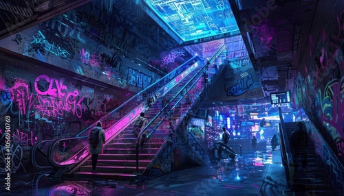 Capture the juxtaposition of gritty urban landscapes and sleek futuristic tech elements in a dynamic