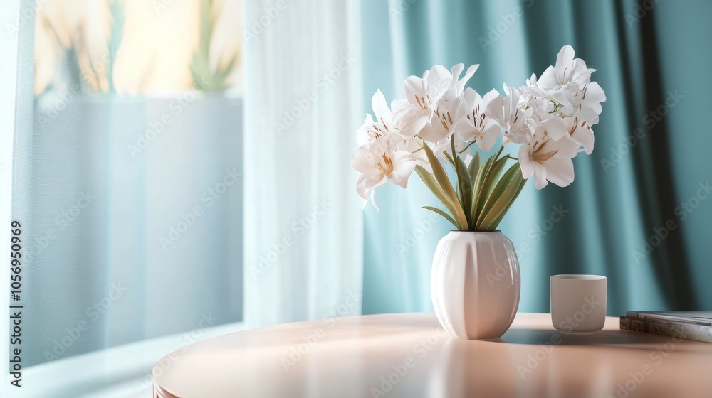 Elegant white flowers in a modern vase, enhancing a serene interior with soft light and fresh decor. Elegant white flowers in a modern vase, enhancing a serene interior with soft light and fresh decor.
