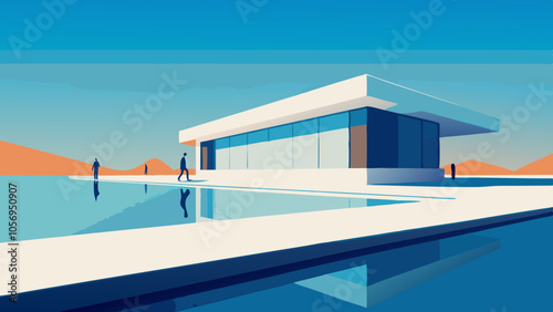 Modern Architecture Villa with Reflecting Pool at Sunset