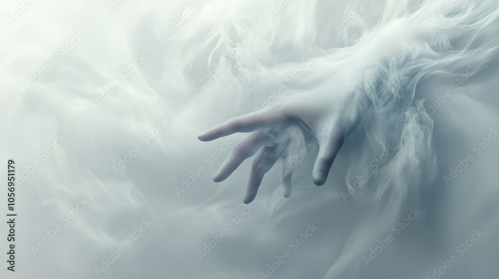 Obraz premium Ethereal hand emerging through mist, symbolizing connection and mystery. Perfect for themes of spirituality and the unknown.