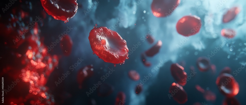 Fototapeta premium Illustrate detailed platelets (thrombocytes) floating in the bloodstream, capturing their unique shape and function within the body's circulatory system, ideal for educational and medical visuals. 