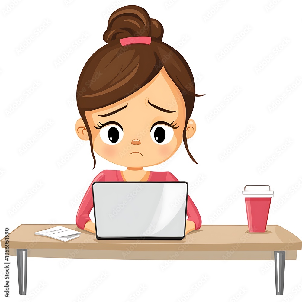 Cartoon woman sitting alone at her desk, looking stressed while typing on a laptop on a white background. Cartoon woman sitting alone at her desk, looking stressed while typing on a laptop on a white background.