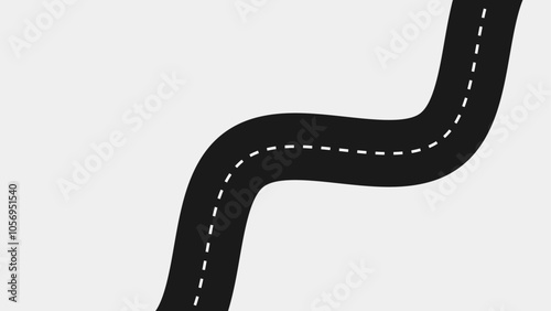 A black curved road with dashed white lines crossing on a light background
