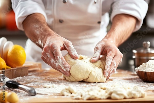 chef's hands skillfully kneading dough on a wooden surface, with various kitchen tools scattered around in a bright culinary workspace