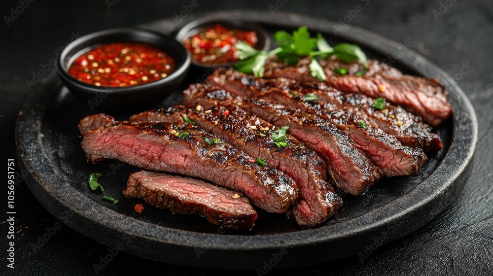 Grilled Beef Slices with Chili Sauce and Parsley on a Black Plate Grilled Beef Slices with Chili Sauce and Parsley on a Black Plate