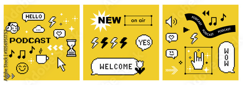 Podcast concept cover set. Pixel art. Square covers with y2k pixel elements. Bright modern background for ig, post, podcast blog, poster, bg. Music, radio, smile. Mood of 90's aesthetics. 8 bit icon