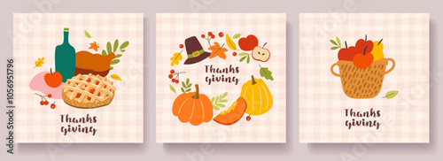Autumn cozy Thanksgiving card set, cute modern illustration with harvest, pumpkin , hat, leaves fall, berries, greeting card, poster or flyer, vector