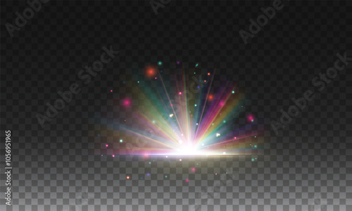 Crystalline effect of a bright flickering flash of light on a transparent background with rays and highlights. Crystal explosion.  Glowing bright light explosion effect. Vector illustration. Lens