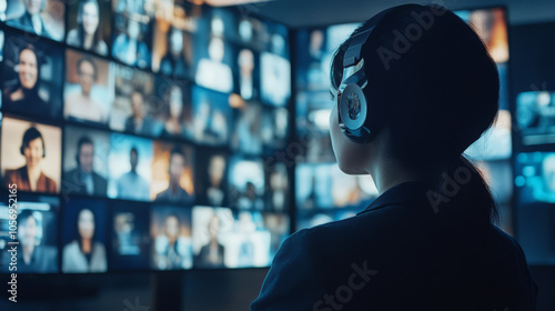 A person attending a virtual meeting through a holographic device, with life-sized 3D projections of participants appearing in real-time photo