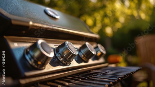 A macro photograph of the BBQ grill's knobs, focusing on the texture and settings, with the surrounding area softly blurred.