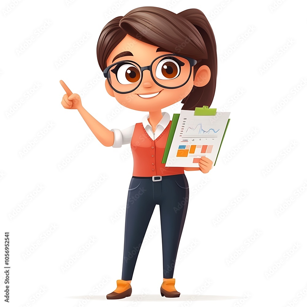 Cartoon employee holding a chart, presenting growth with a happy expression on a white background. Cartoon employee holding a chart, presenting growth with a happy expression on a white background.
