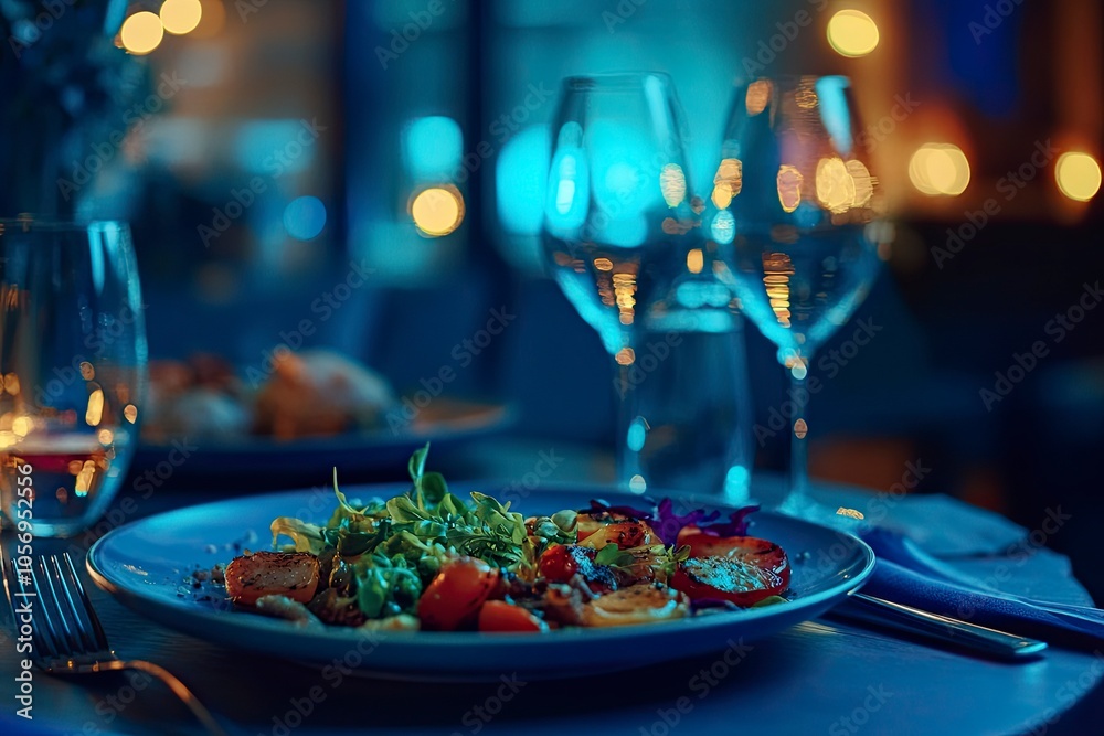 lose up of food on table in restaurant, background with blurred glasses and blue furniture . beautiful luxury dish full of delicious modern shot to the left of plate, generative ai
