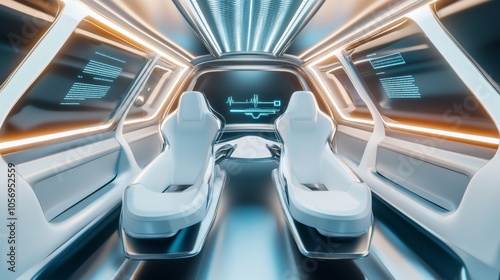 Futuristic interior design of a sleek, minimalist transport vehicle with ambient lighting and modern seating, showcasing innovation. photo