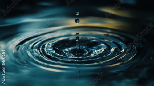 a close-up of a water droplet forming a circular wave on a smooth surface, beautifully capturing the moment with intricate details and soft reflections surrounding the impact.