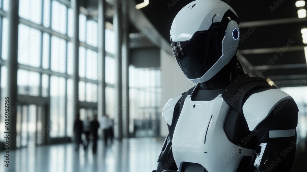 Futuristic robot stands in modern architecture, reflecting advanced technology and innovation in a sleek, minimalist environment. Futuristic robot stands in modern architecture, reflecting advanced technology and innovation in a sleek, minimalist environment.