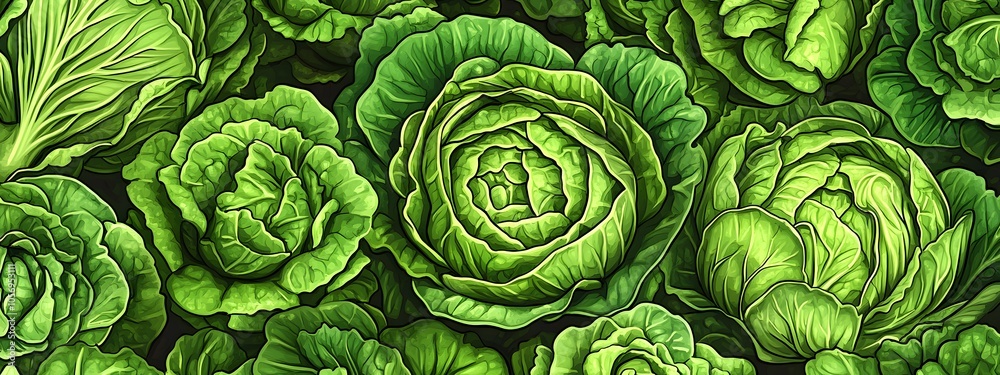A background of lettuce in a vector drawing style. The pattern is a close-up view of vibrant green vegetables A background of lettuce in a vector drawing style. The pattern is a close-up view of vibrant green vegetables