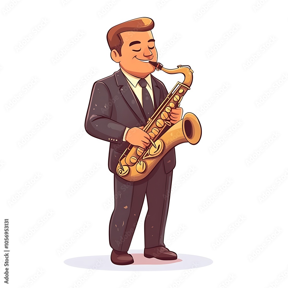 Fototapeta premium Cartoon jazz musician in a suit playing a saxophone on a white background.