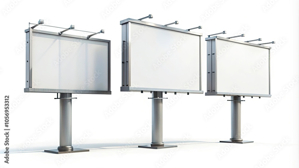 Obraz premium Three blank billboards standing together, ready for advertising on a white isolated background.